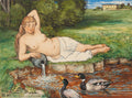 Quadro de Hans Thoma mostrando uma mulher reclinada à beira de um riacho, com patos e sapos, em meio a uma paisagem verdejante.