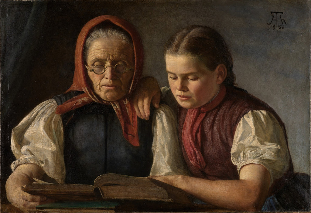 Quadro decorativo "A Lição de Leitura" de Hans Thoma, mostrando uma mulher idosa com óculos e um lenço vermelho na cabeça, ao lado de uma jovem, ambas lendo um livro. A luz ilumina seus rostos em um ambiente escuro.