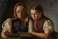 Quadro decorativo "A Lição de Leitura" de Hans Thoma, mostrando uma mulher idosa com óculos e um lenço vermelho na cabeça, ao lado de uma jovem, ambas lendo um livro. A luz ilumina seus rostos em um ambiente escuro.