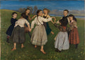 Grupo de crianças descalças dançando em círculo em um campo verde com flores amarelas, obra de Hans Thoma, com montanhas e um lago ao fundo.