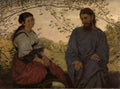 Quadro decorativo mostrando Jesus Cristo e a Mulher Samaritana sentados ao ar livre, com folhagens em arco acima deles e uma paisagem distante ao fundo. A mulher tem uma expressão pensativa e Jesus a ouve atentamente.