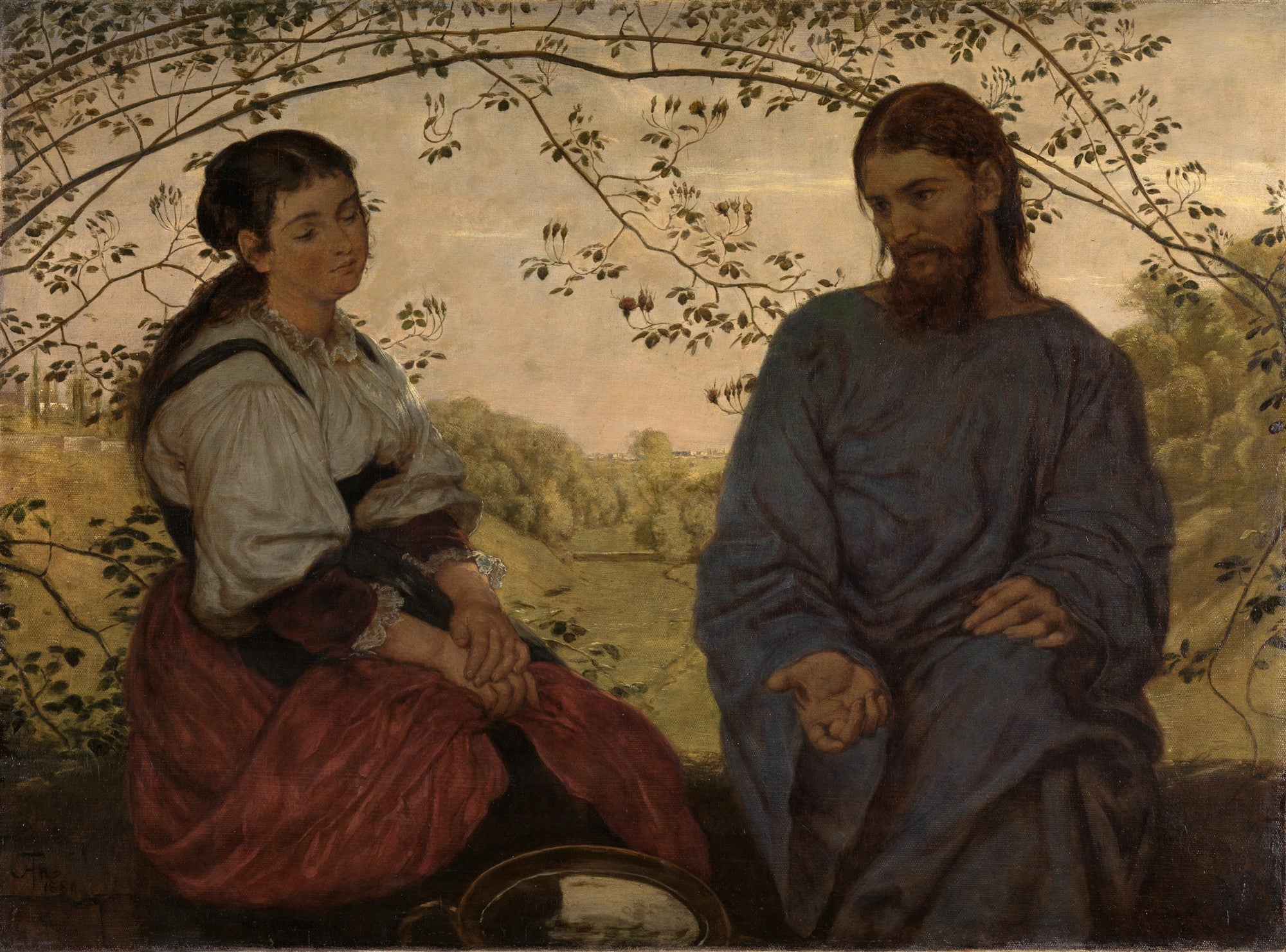 Quadro decorativo mostrando Jesus Cristo e a Mulher Samaritana sentados ao ar livre, com folhagens em arco acima deles e uma paisagem distante ao fundo. A mulher tem uma expressão pensativa e Jesus a ouve atentamente.