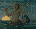 Quadro decorativo da obra A Sereia de Hans Thoma, retratando uma sereia de torso nu com braços erguidos em meio a ondas, sob um sol poente que irradia luz dourada no horizonte e céu azul escuro.