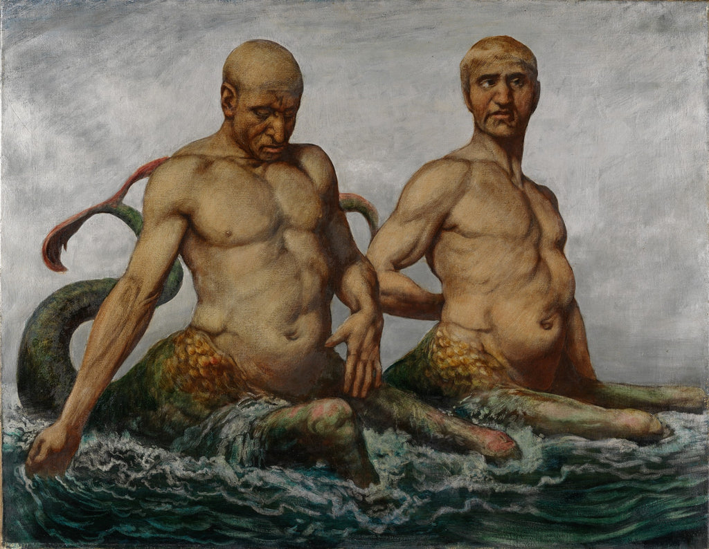 Quadro decorativo mostrando dois tritões, seres míticos metade homem metade peixe, com corpos musculosos e escamas, emergindo de águas turbulentas. A obra é atribuída a Hans Thoma.