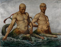 Quadro decorativo mostrando dois tritões, seres míticos metade homem metade peixe, com corpos musculosos e escamas, emergindo de águas turbulentas. A obra é atribuída a Hans Thoma.