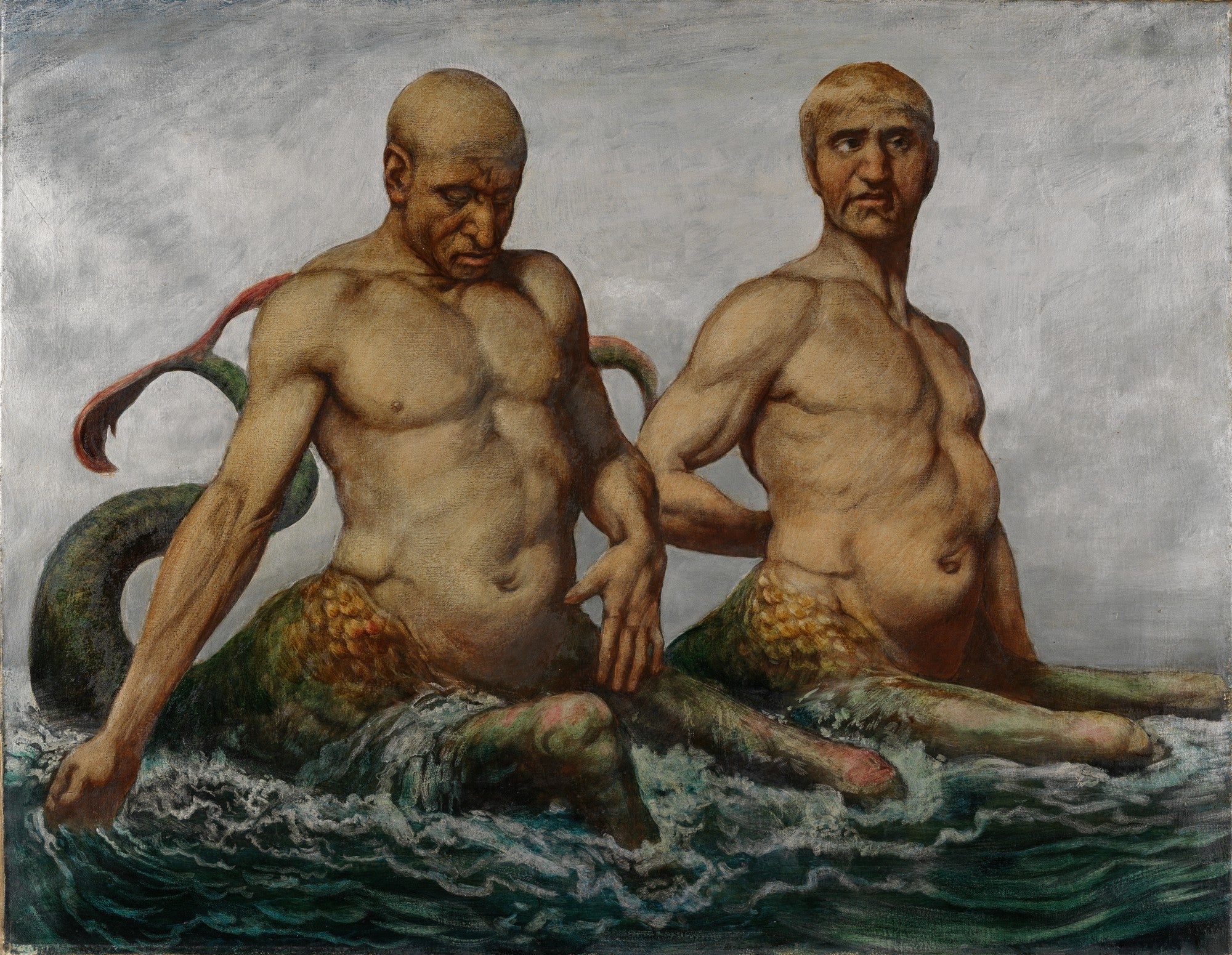 Quadro decorativo mostrando dois tritões, seres míticos metade homem metade peixe, com corpos musculosos e escamas, emergindo de águas turbulentas. A obra é atribuída a Hans Thoma.