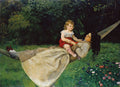 Quadro decorativo "A Rede" de Hans Thoma, mostrando uma mulher e uma criança em uma rede, em um jardim verde exuberante.