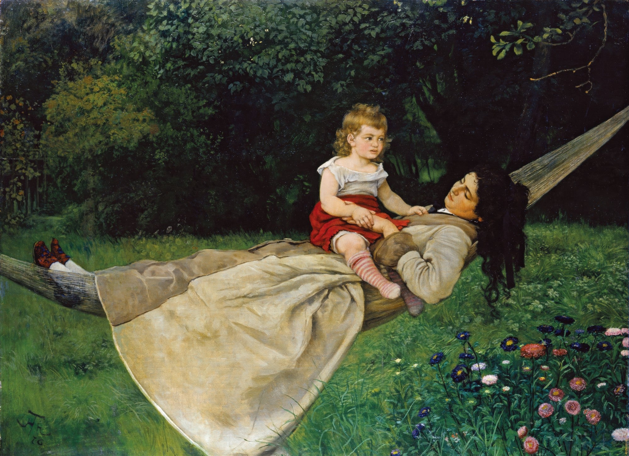 Quadro decorativo "A Rede" de Hans Thoma, mostrando uma mulher e uma criança em uma rede, em um jardim verde exuberante.
