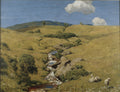 Paisagem campestre com colinas verdejantes, um córrego sinuoso com pedras, e duas ovelhas brancas em primeiro plano, sob um céu azul com nuvens brancas. Estilo de pintura realista do século XIX.