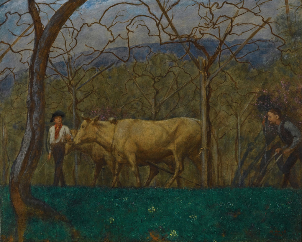 Pintura de Hans Thoma retratando uma cena rural com dois homens e duas vacas em um campo verde, sob árvores esparsas e um céu nublado, com folhas de videira secas em primeiro plano.