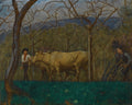Pintura de Hans Thoma retratando uma cena rural com dois homens e duas vacas em um campo verde, sob árvores esparsas e um céu nublado, com folhas de videira secas em primeiro plano.