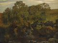 Pintura a óleo de Hans Thoma, 'Crianças no Riacho', mostrando duas crianças nuas brincando em um riacho cercado por árvores e rochas em uma paisagem verde exuberante sob um céu claro.