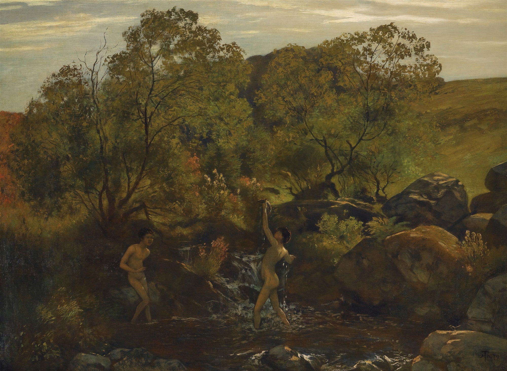 Pintura a óleo de Hans Thoma, 'Crianças no Riacho', mostrando duas crianças nuas brincando em um riacho cercado por árvores e rochas em uma paisagem verde exuberante sob um céu claro.