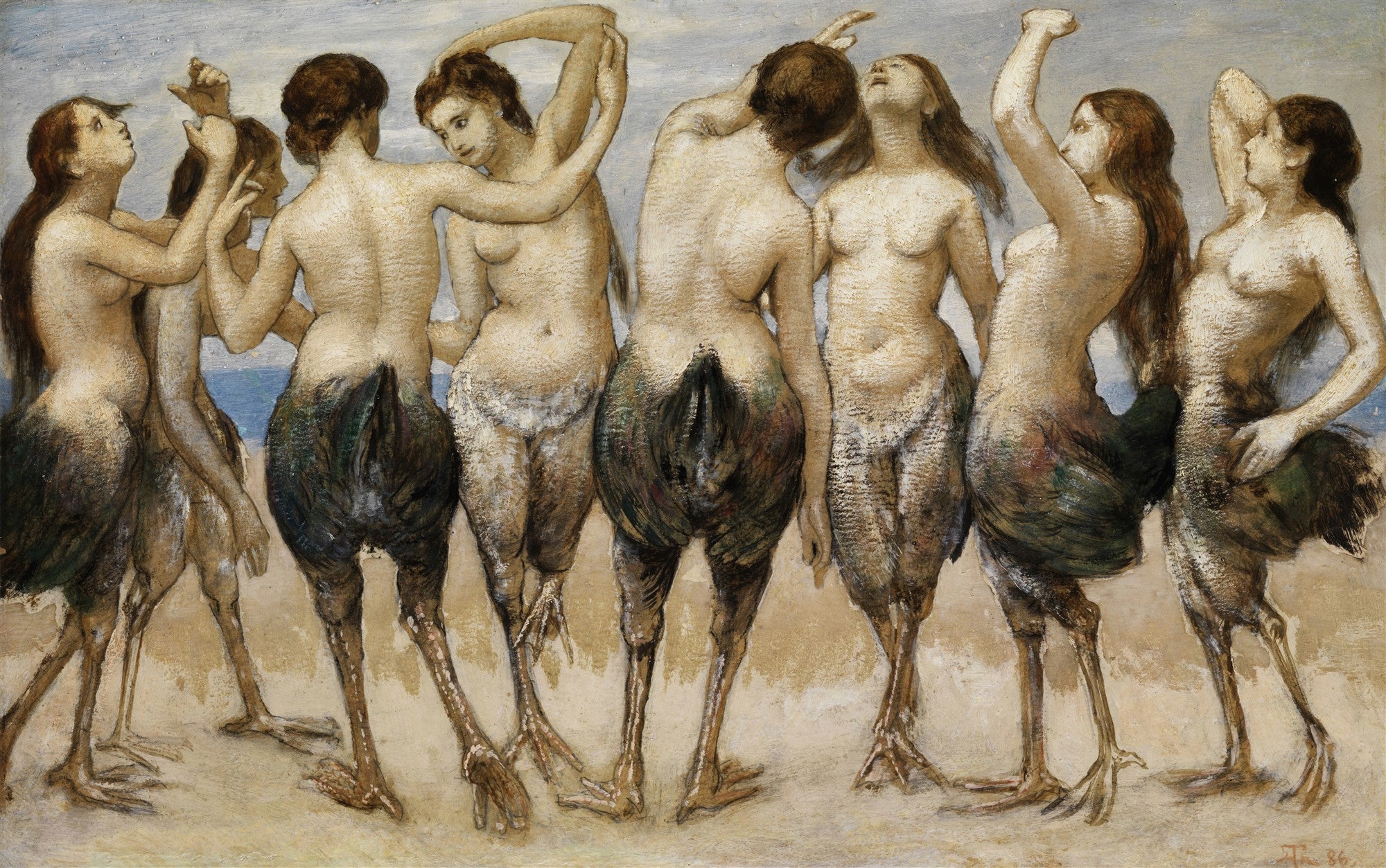 Pintura a óleo de Hans Thoma, 'Ninfas', retratando um grupo de sete figuras femininas com corpos humanos na parte superior e pernas de pássaro na parte inferior, dançando e interagindo em uma paisagem costeira com o mar ao fundo. A luz suave realça os tons de pele e as texturas das penas.