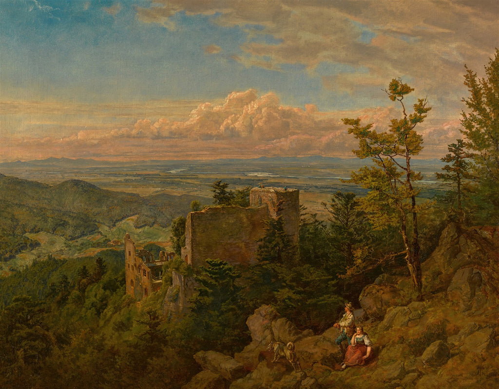 Pintura a óleo de Hans Thoma, 'Ruínas do Castelo de Geroldseck', mostrando um vasto vale verdejante com um rio ao fundo, sob um céu dramático com nuvens. Em primeiro plano, ruínas de um castelo em uma colina rochosa, com árvores densas. Um casal trajado em roupas tradicionais e um cachorro estão sentados em uma rocha à direita, observando a paisagem.