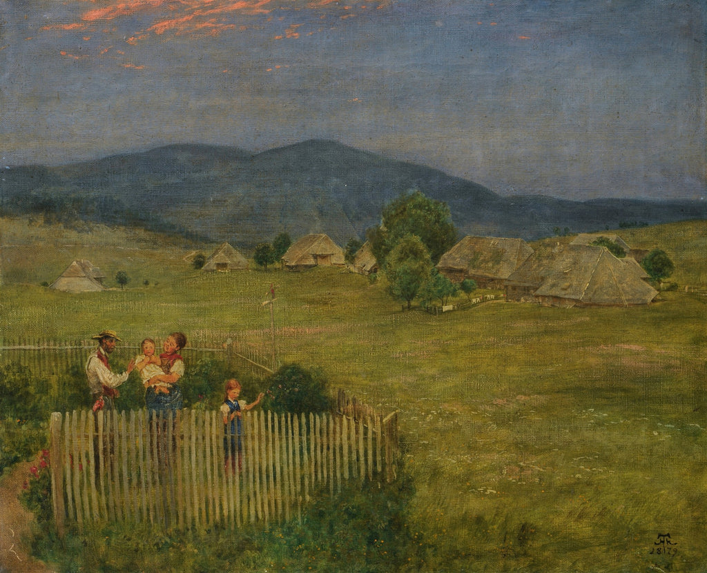 Pintura a óleo de Hans Thoma, 'Cena Rural', mostrando uma família em primeiro plano, com um homem, uma mulher segurando um bebê e uma criança, atrás de uma cerca de madeira. Ao fundo, um vilarejo com casas rústicas e montanhas sob um céu de pôr do sol avermelhado e azul escuro.