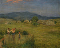 Pintura a óleo de Hans Thoma, 'Cena Rural', mostrando uma família em primeiro plano, com um homem, uma mulher segurando um bebê e uma criança, atrás de uma cerca de madeira. Ao fundo, um vilarejo com casas rústicas e montanhas sob um céu de pôr do sol avermelhado e azul escuro.