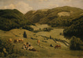 Pintura a óleo de Hans Thoma retratando uma paisagem alpina com colinas verdes arborizadas, um vale ao fundo e três camponeses sentados em primeiro plano com vacas pastando.