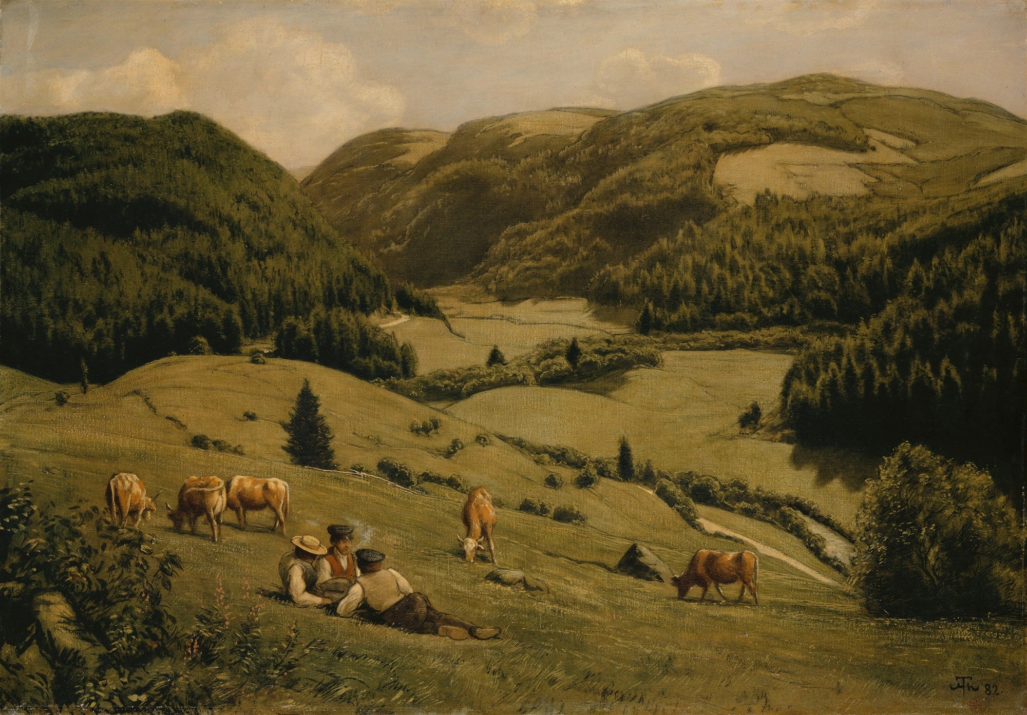 Pintura a óleo de Hans Thoma retratando uma paisagem alpina com colinas verdes arborizadas, um vale ao fundo e três camponeses sentados em primeiro plano com vacas pastando.
