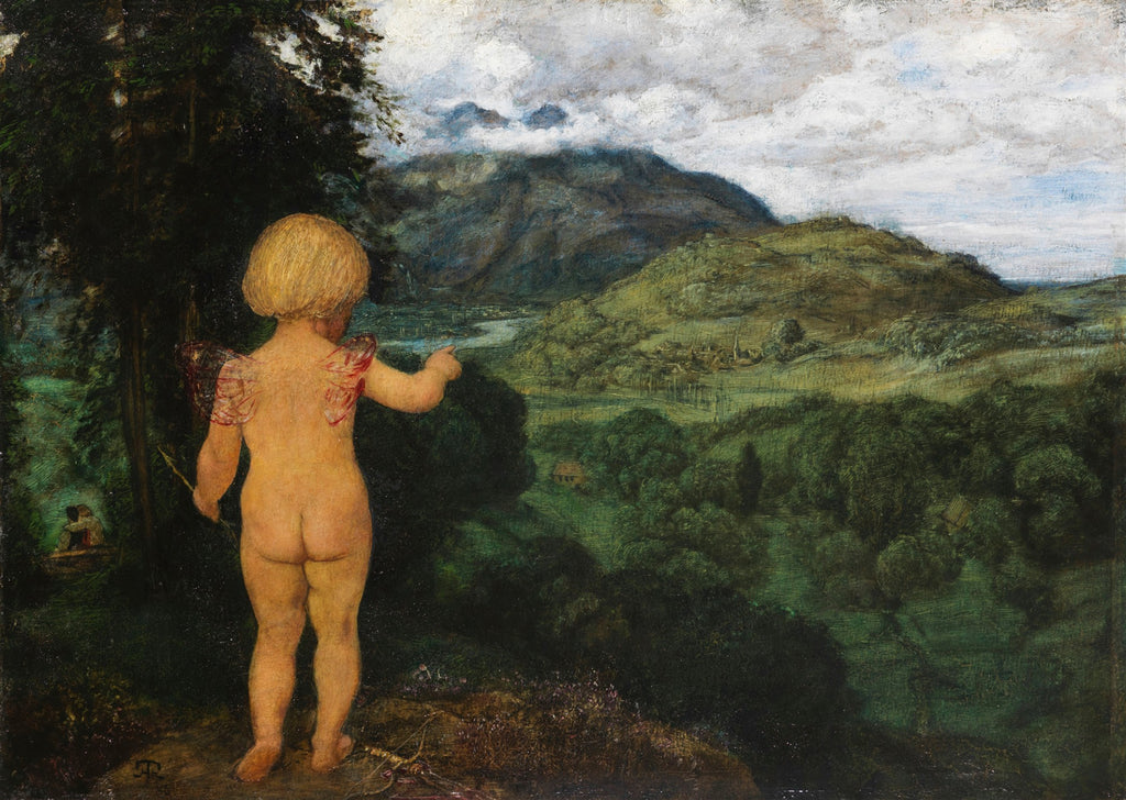 Quadro decorativo com a pintura 'O Cupido' de Hans Thoma, mostrando uma criança angelical de costas apontando para uma vasta paisagem montanhosa e verdejante sob um céu parcialmente nublado.
