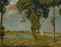 Quadro decorativo com paisagem campestre. Um rio atravessa o centro, com árvores altas e frondosas nas margens. Patos e gansos estão na grama verde. Ao fundo, uma vila e um barco à vela no rio. Céu azul com nuvens.