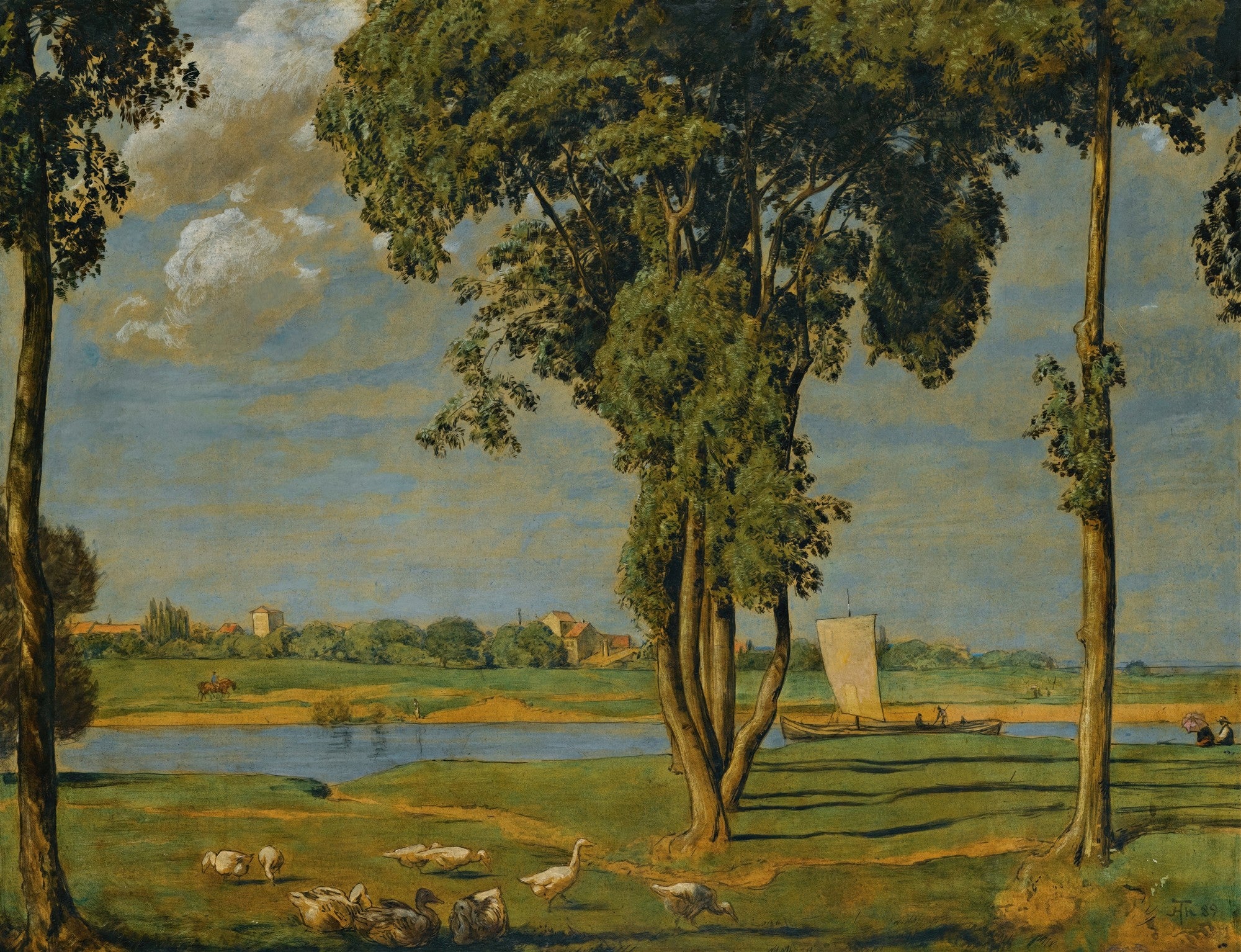 Quadro decorativo com paisagem campestre. Um rio atravessa o centro, com árvores altas e frondosas nas margens. Patos e gansos estão na grama verde. Ao fundo, uma vila e um barco à vela no rio. Céu azul com nuvens.