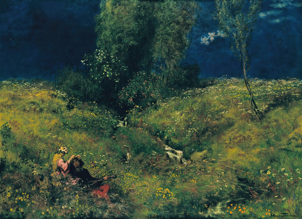 Quadro decorativo "Canção de Verão" de Hans Thoma, retratando um casal em um campo florido sob um céu noturno, com árvores e riacho.