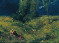 Quadro decorativo "Canção de Verão" de Hans Thoma, retratando um casal em um campo florido sob um céu noturno, com árvores e riacho.