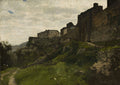 Pintura a óleo de Hans Thoma, representando uma paisagem montanhosa com edifícios de pedra antigos, vegetação luxuriante e um céu nublado. Um caminho de terra serpenteia em primeiro plano.