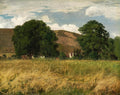 Quadro decorativo com paisagem rural do artista Hans Thoma, mostrando um campo de trigo dourado em primeiro plano, com árvores frondosas e uma montanha ao fundo sob um céu com nuvens brancas.