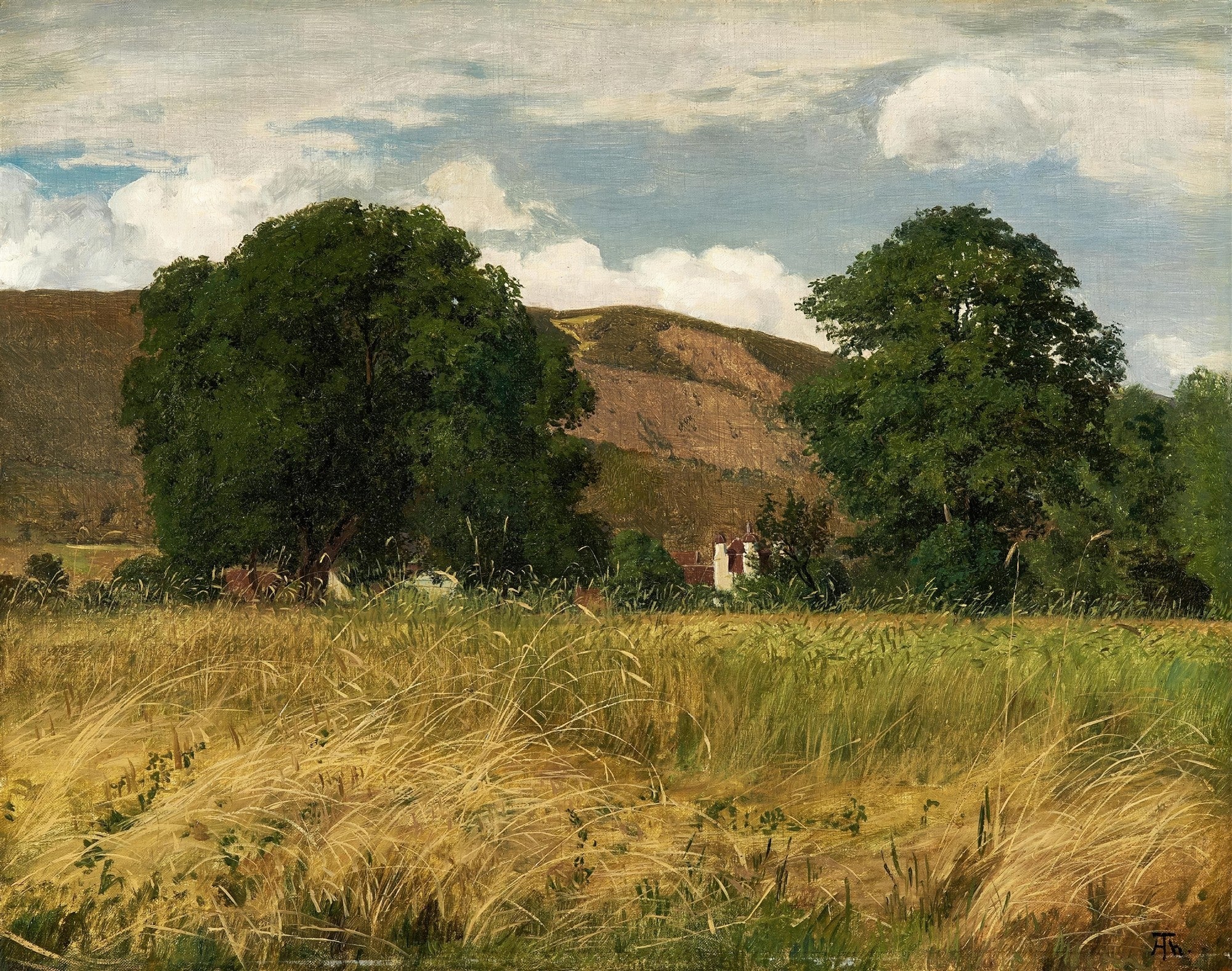 Quadro decorativo com paisagem rural do artista Hans Thoma, mostrando um campo de trigo dourado em primeiro plano, com árvores frondosas e uma montanha ao fundo sob um céu com nuvens brancas.
