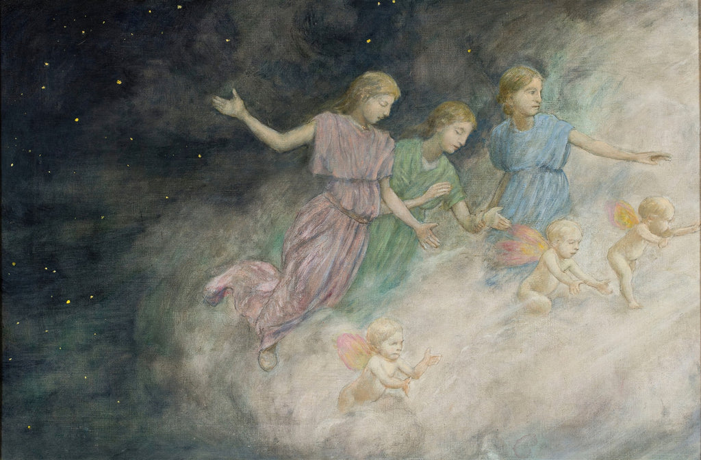 Pintura a óleo de Hans Thoma, 'Begleitung', mostrando três figuras femininas adultas vestidas em tons pastéis e vários querubins alados flutuando em nuvens, com um fundo escuro estrelado que se ilumina para a direita.