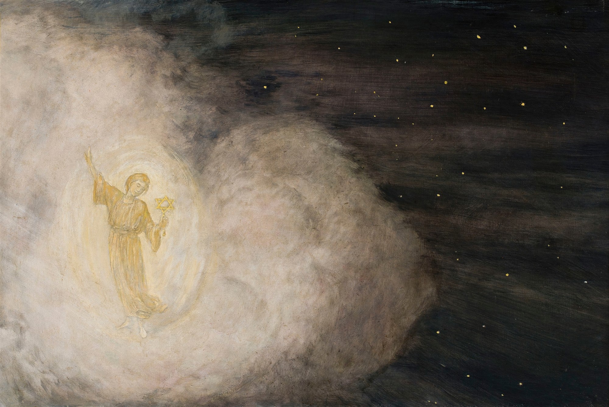 Quadro decorativo com anjo luminoso emergindo de nuvens, em uma noite escura com estrelas douradas. Atribuído a Hans Thoma.