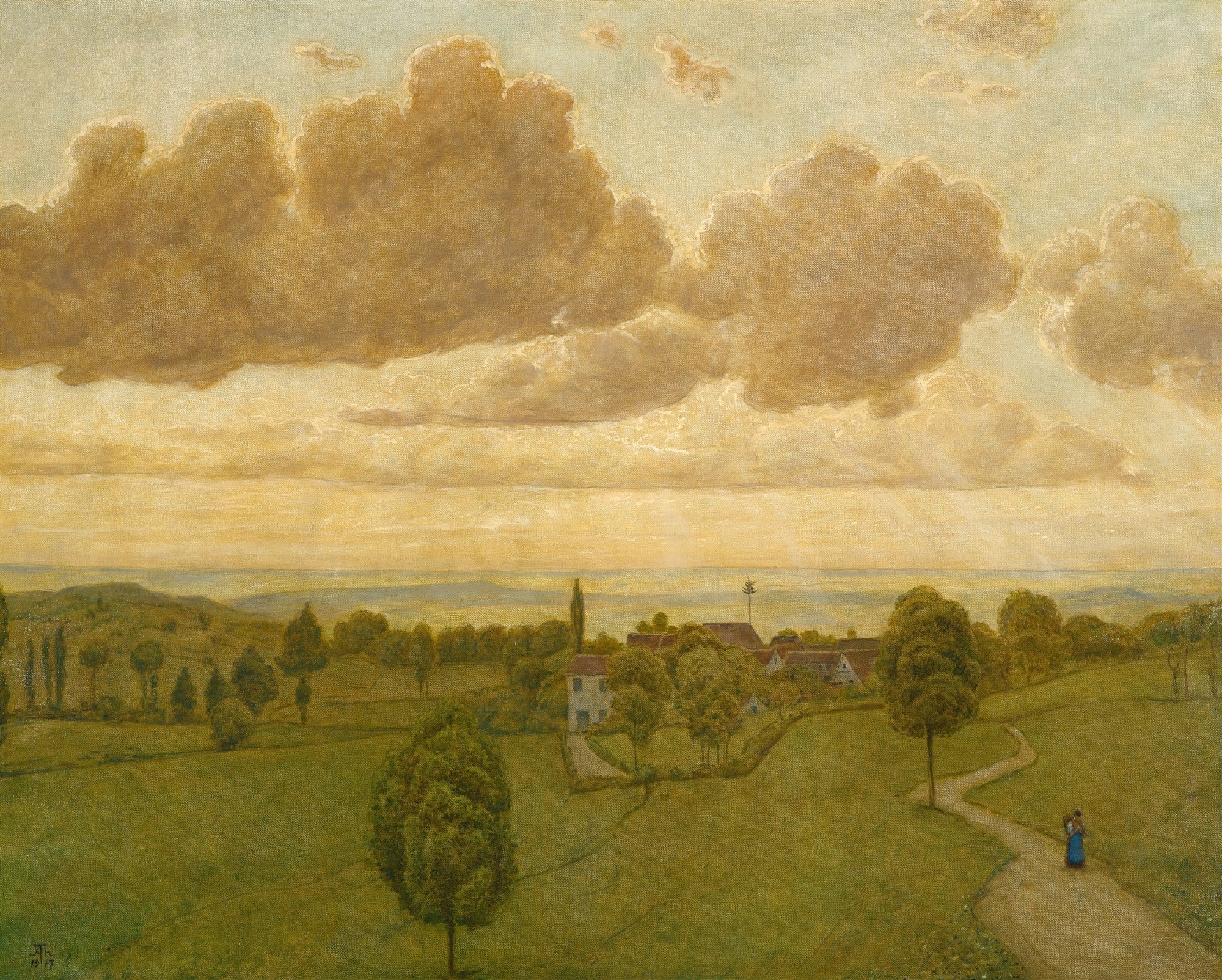 Paisagem pintada por Hans Thoma com céu dourado e nuvens imponentes sobre um vale verdejante com um vilarejo e uma pequena figura em uma estrada.