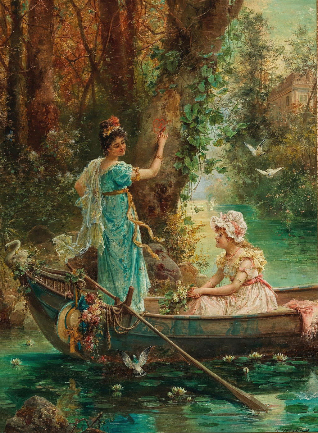 Quadro decorativo 'A Oferta de Amor' de Hans Zatzka, retratando duas mulheres em um barco em um lago sereno, uma delas escrevendo um coração em uma árvore. Cena romântica e bucólica.