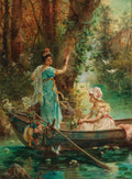 Quadro decorativo 'A Oferta de Amor' de Hans Zatzka, retratando duas mulheres em um barco em um lago sereno, uma delas escrevendo um coração em uma árvore. Cena romântica e bucólica.