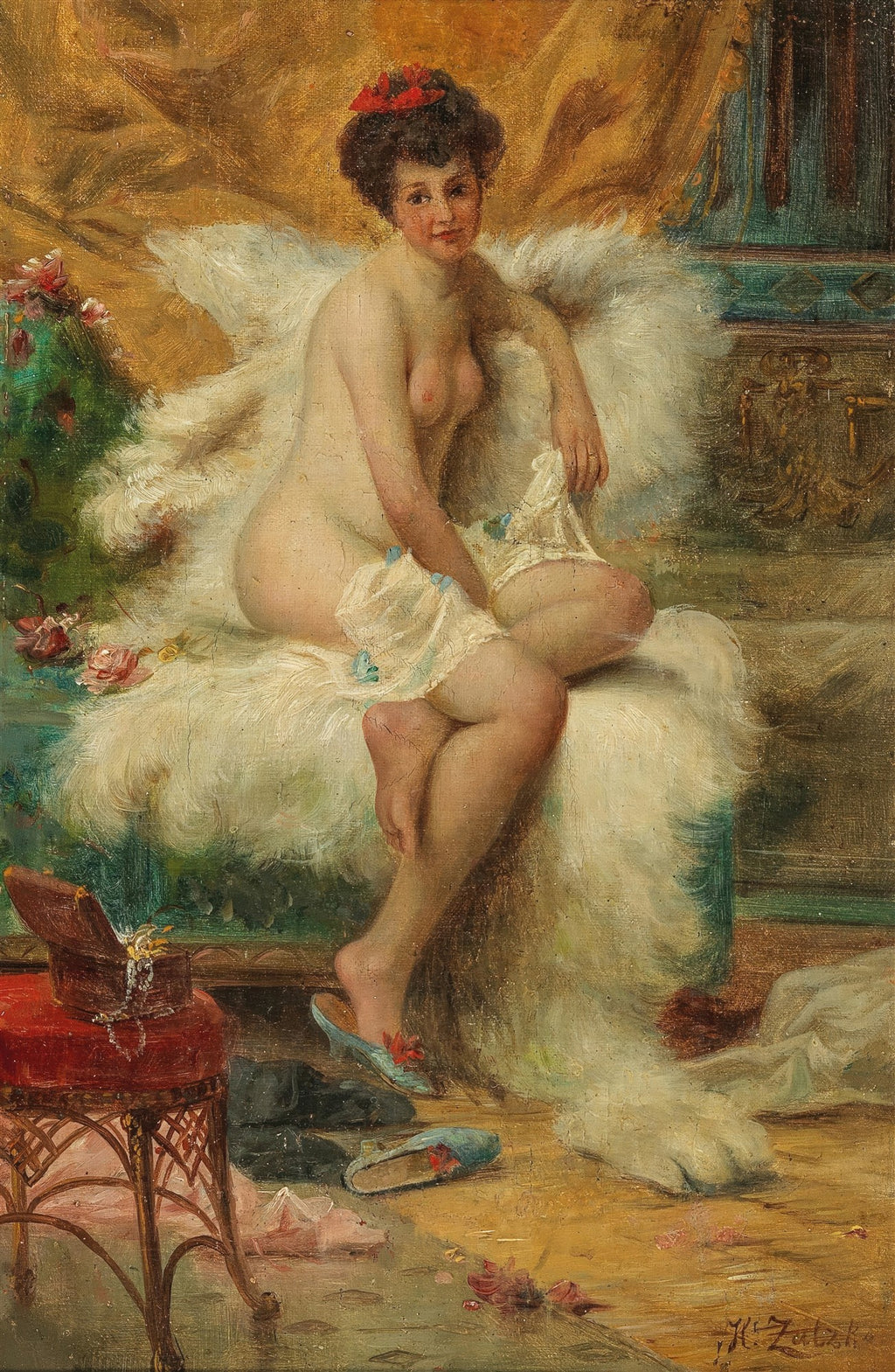 Pintura a óleo de Hans Zatzka, 'A Toilette da Vênus', retratando uma mulher nua sentada em peles brancas, com um toucado vermelho, em um cenário íntimo.