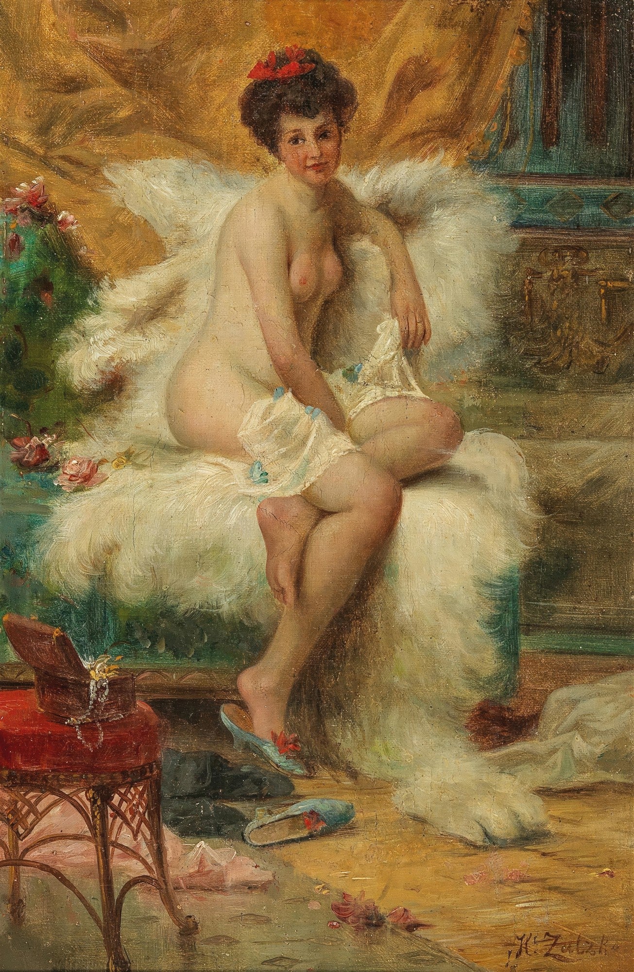 Pintura a óleo de Hans Zatzka, 'A Toilette da Vênus', retratando uma mulher nua sentada em peles brancas, com um toucado vermelho, em um cenário íntimo.