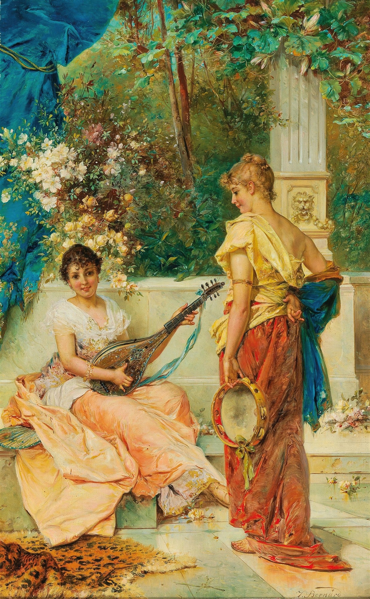 Quadro decorativo "A Seresta" de Hans Zatzka, representando duas mulheres em um jardim exuberante. Uma toca um alaúde enquanto a outra segura um pandeiro, em uma cena idílica e romântica com rica vegetação e detalhes florais.