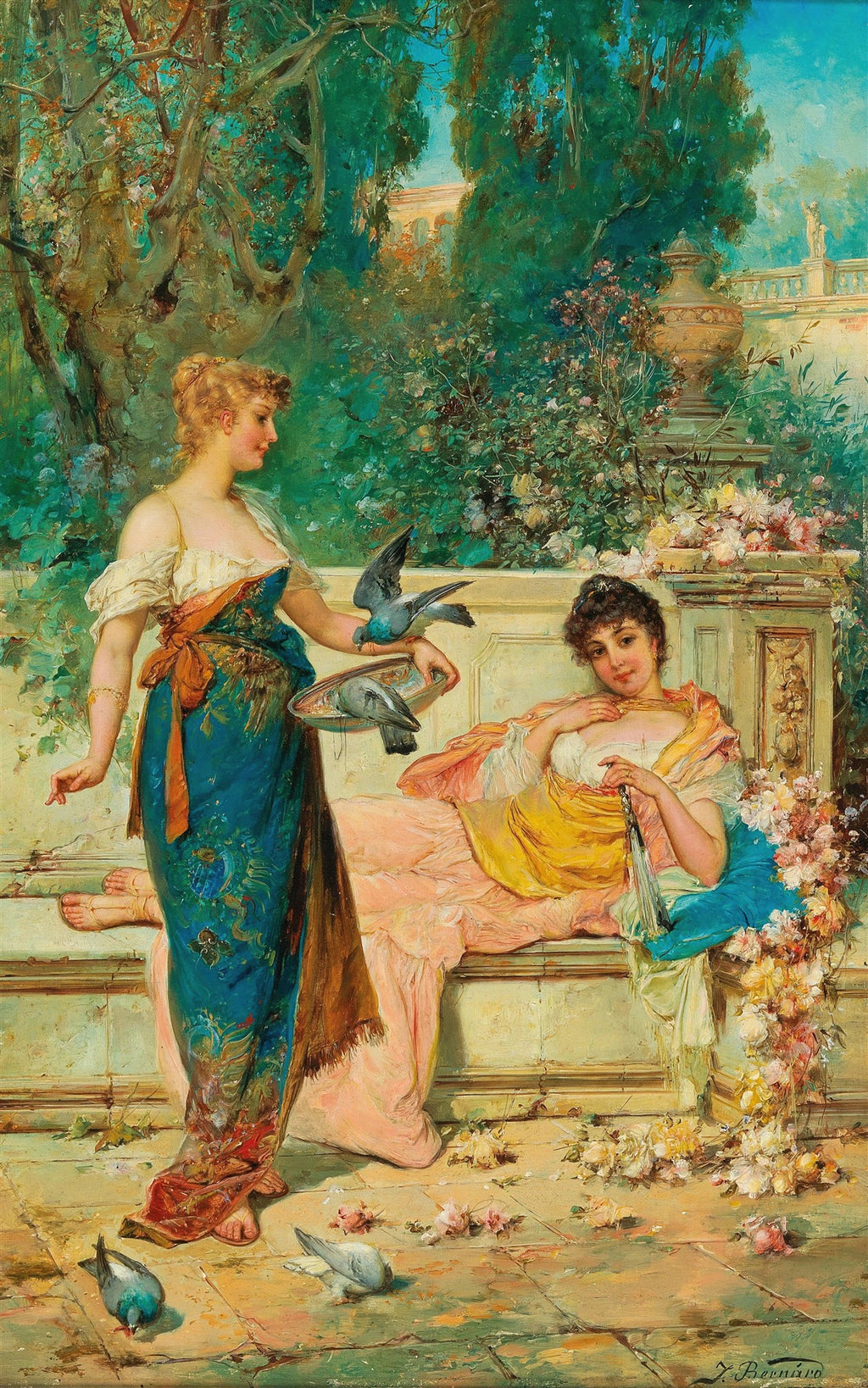 Quadro decorativo "A Oferenda" de Hans Zatzka, representando duas mulheres em um jardim, uma delas alimentando pombas. Cores vibrantes e detalhes florais.