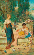 Quadro decorativo "A Oferenda" de Hans Zatzka, representando duas mulheres em um jardim, uma delas alimentando pombas. Cores vibrantes e detalhes florais.