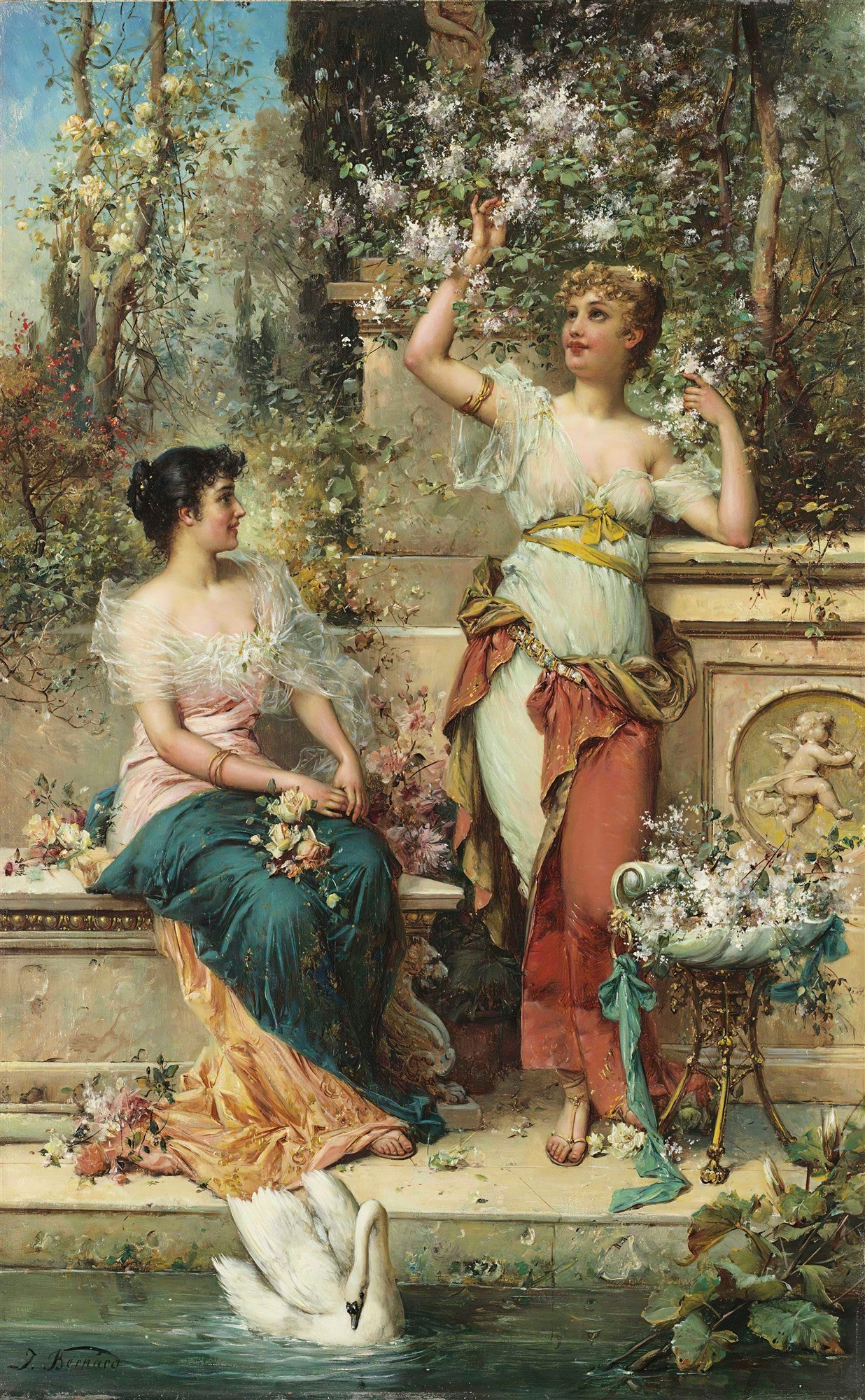 Quadro decorativo de Hans Zatzka, representando duas mulheres em um jardim florido com um cisne na água. As mulheres estão vestidas com roupas clássicas, uma colhendo flores e a outra sentada, com flores ao seu redor. O jardim é exuberante, com folhagens e flores em tons pastel e vibrantes. O cisne branco flutua elegantemente na parte inferior da tela.