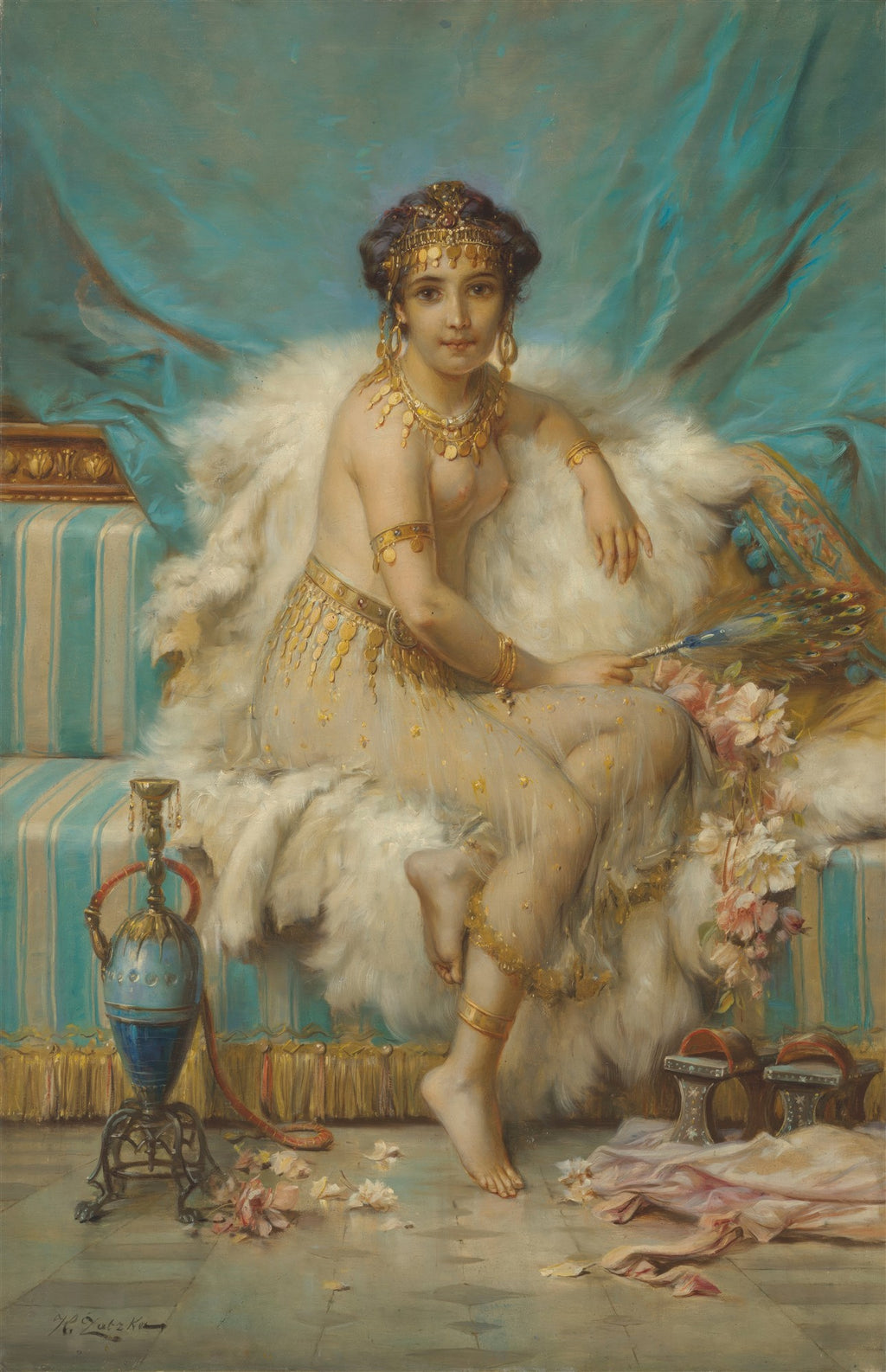Pintura a óleo de Hans Zatzka retratando uma odalisca oriental, sentada em um divã coberto por um tapete de pele branca, com joias douradas e vestes translúcidas, ao lado de um narguilé e flores.