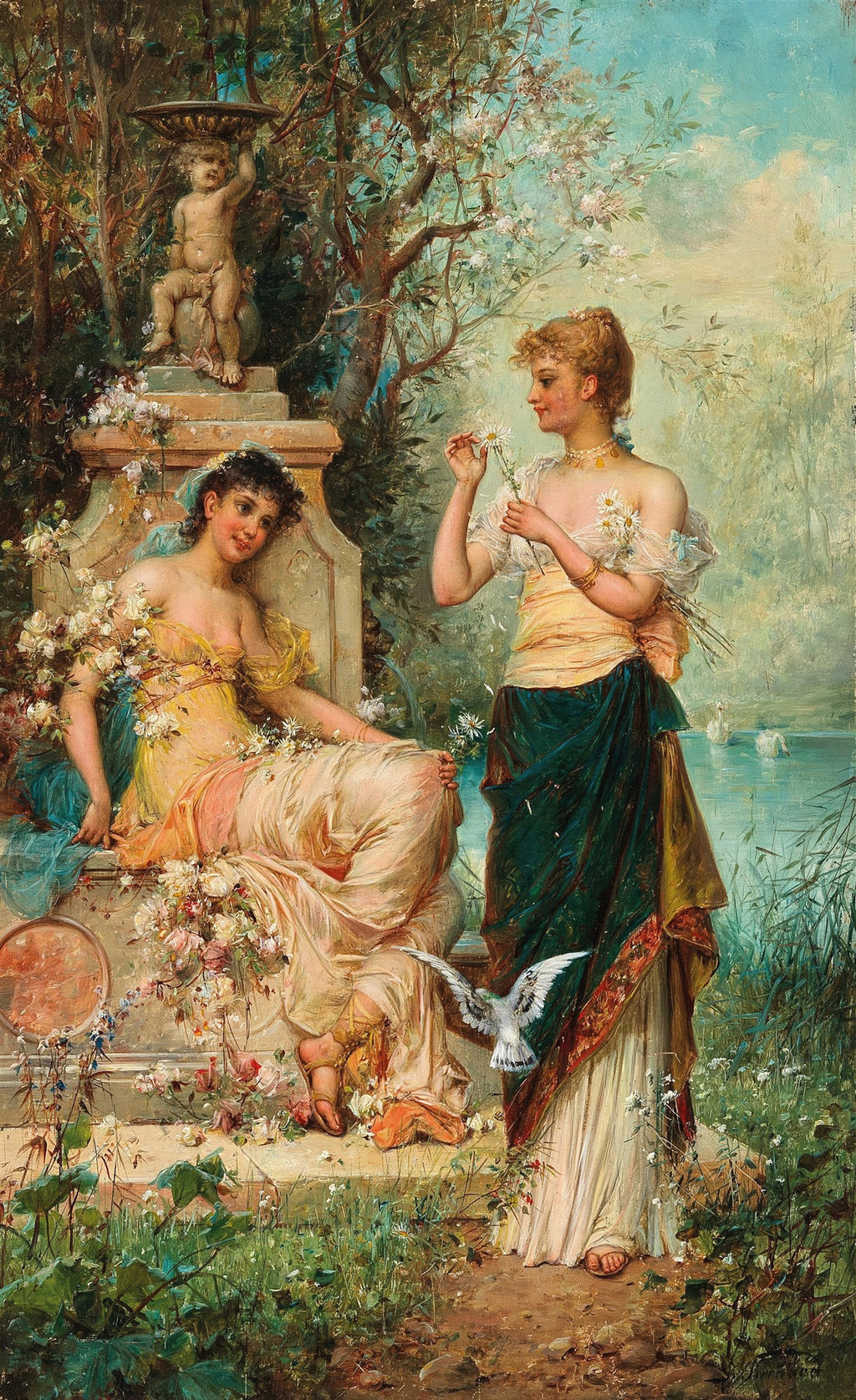 Uma pintura a óleo de Hans Zatzka, "A Oferenda de Flores", retratando duas mulheres em um jardim exuberante com flores brancas e um lago ao fundo. Uma mulher está sentada em um banco de pedra adornado com flores, enquanto a outra está em pé, segurando margaridas, com um pombo branco voando próximo. Há um querubim de pedra em uma fonte. A cena é cheia de luz e detalhes florais, com tons pastéis e verdes vibrantes.