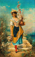 Quadro decorativo A Florista de Hans Zatzka, retrato de uma jovem carregando flores com um cesto e um vaso, em um cenário de jardim com montanhas ao fundo.