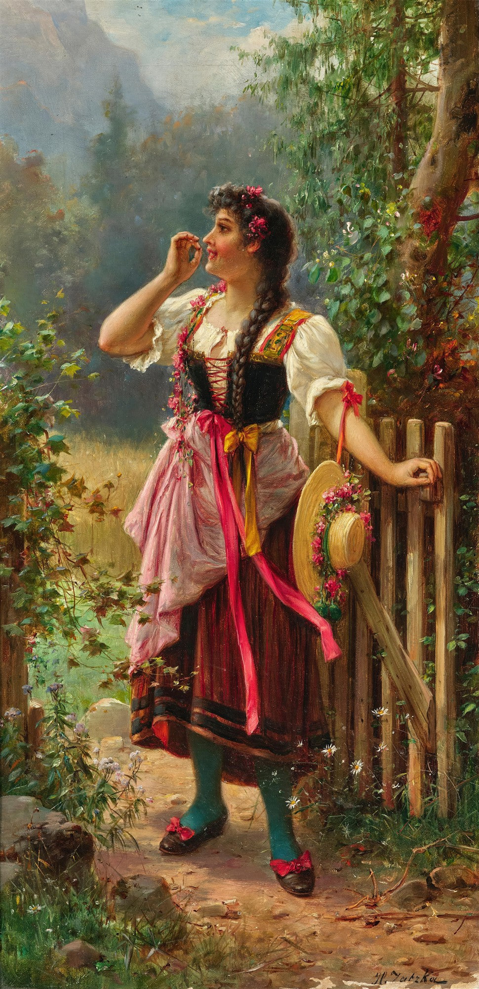 Uma jovem sorridente com trajes tradicionais e flores no cabelo, segurando um chapéu de palha, em um cenário campestre com montanhas ao fundo, pintada por Hans Zatzka.