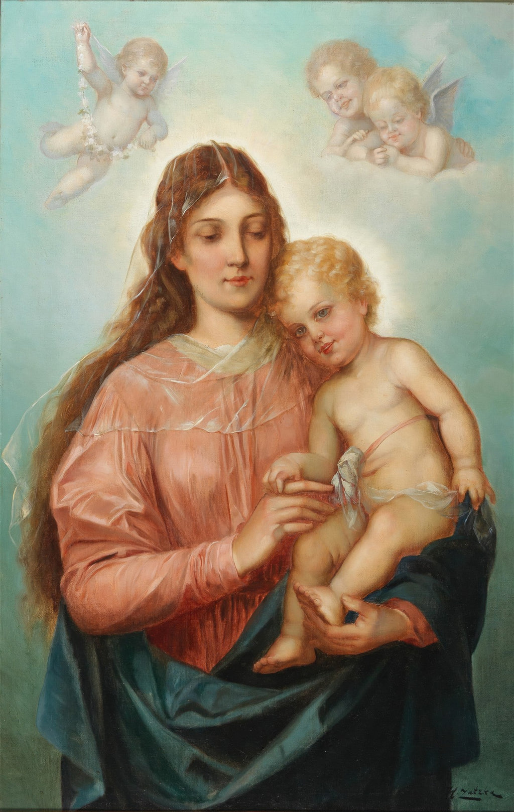 Quadro decorativo da Madona e o Menino Jesus, com anjos voando ao redor, pintura atribuída a Hans Zatzka. A Madona tem cabelos longos e castanhos, veste uma túnica rosa e azul, e segura o Menino Jesus, que tem cabelos loiros encaracolados. O fundo é um céu azul claro com nuvens.