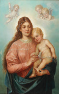 Quadro decorativo da Madona e o Menino Jesus, com anjos voando ao redor, pintura atribuída a Hans Zatzka. A Madona tem cabelos longos e castanhos, veste uma túnica rosa e azul, e segura o Menino Jesus, que tem cabelos loiros encaracolados. O fundo é um céu azul claro com nuvens.