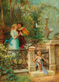 Quadro decorativo atribuído a Hans Zatzka, intitulado 'O Beijo Proibido', mostrando um casal se beijando em um jardim exuberante, com um cupido e uma fonte ao fundo. Cores vibrantes e detalhes florais.