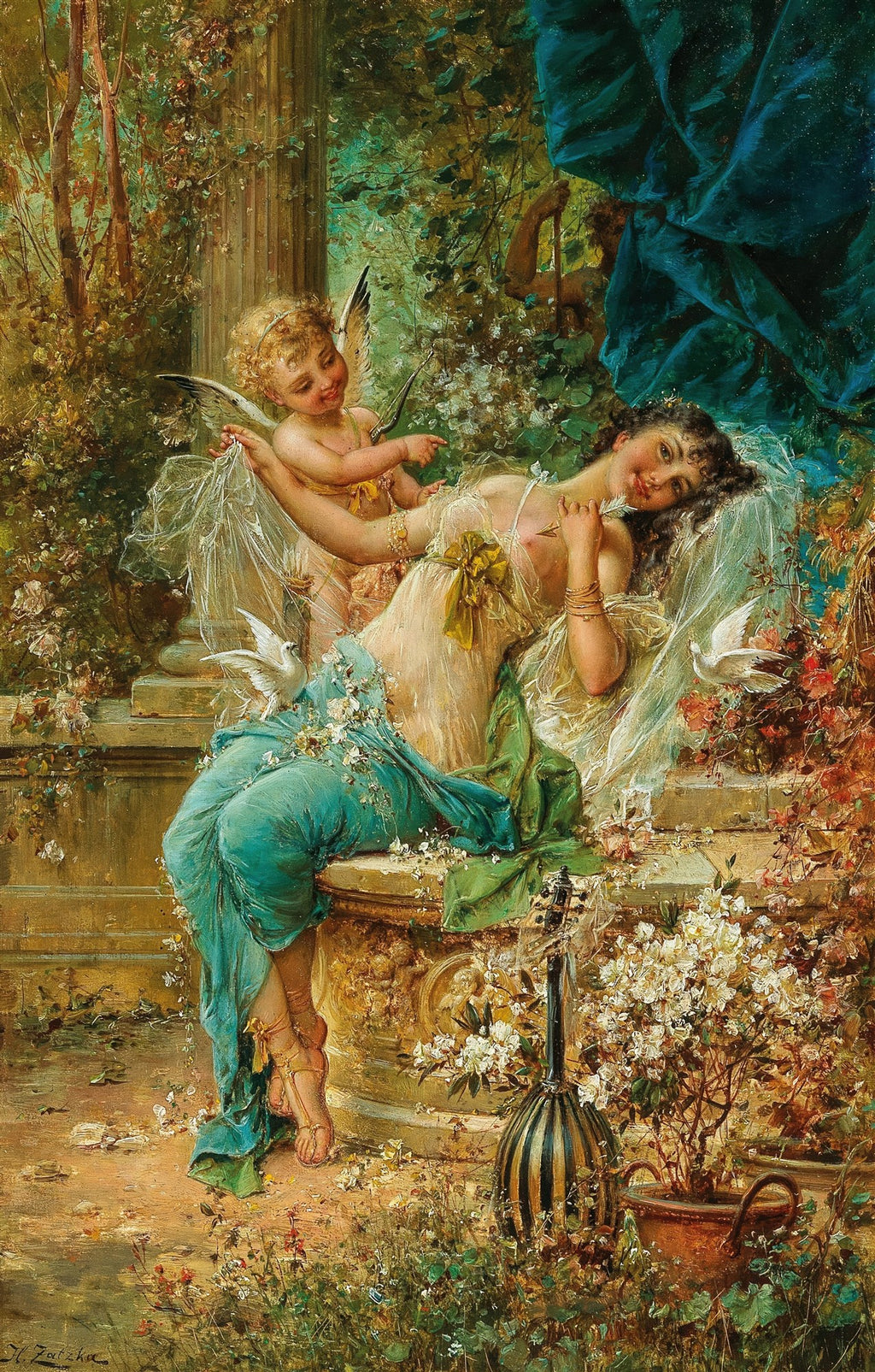 Quadro decorativo "A Flecha de Cupido" de Hans Zatzka, com uma mulher reclinada em um jardim exuberante, interagindo com um Cupido alado. Tons de verde, azul e dourado dominam a cena romântica e idílica.